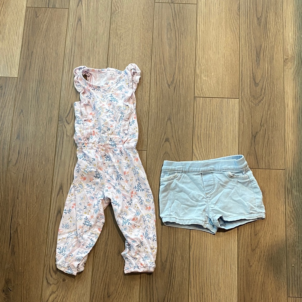 Carter’s | Floral Pink Jumpsuit and Light Blue Shorts Set